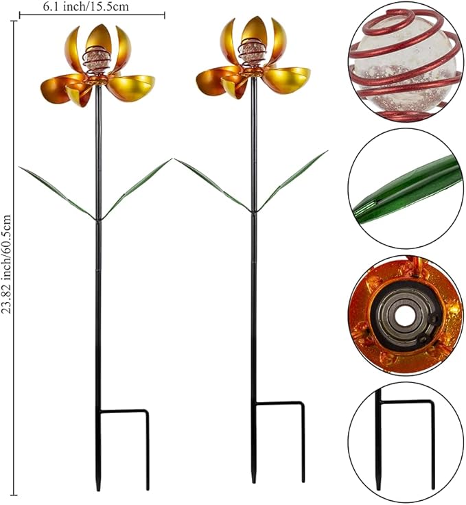Metal Wind Spinners Outdoor,2Pack Yellow Pinwheels for Yard and Garden, Decorative Garden Stakes for Patio,Lawn, Outdoor