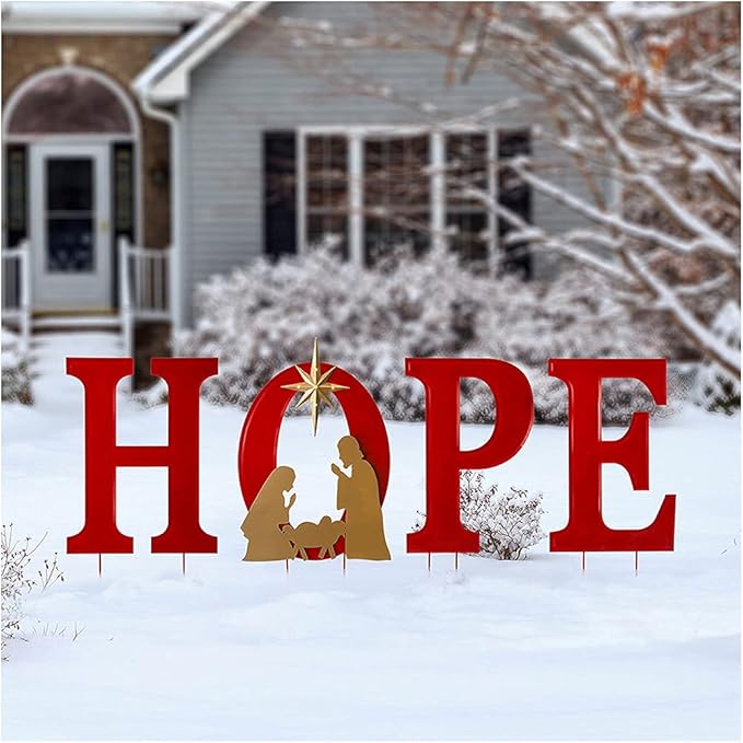 Glitzhome 32" H Lighted Metal Hope Garden Stakes, Christmas Garden Ornaments Yard Stake, Standing Decor or Wall Décor Decorative Sign for Xmas Indoor Outdoor Decorations