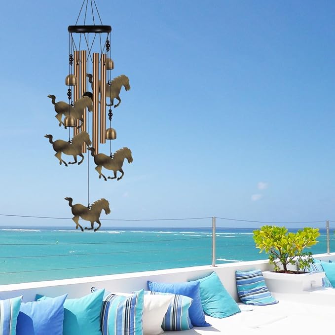 Horse Wind Chimes Outdoor Decor - with 4 Tubes 4 Bells 5 Horses Wind Chime, Mobile Romantic Horse Wind Catcher, Garden Horses Windchimes for Home, Mom Gifts, Balcony, Tree, Festival, Garden Decoration