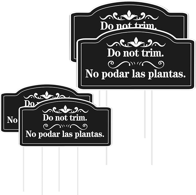 Soaoo 4 Pcs Corrugated Plastic Do Not Trim Yard Signs with Stakes 6.2 x 3.3 Inch 9.2 x 4.9 Inch Plant Signs Bilingual Garden Markers for Outdoor Lawn (Black,Elegant)