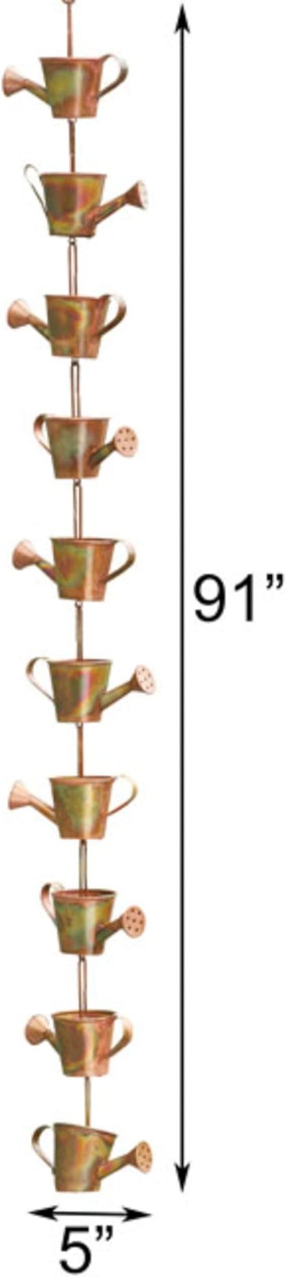 Ancient Graffiti Watering Can Rain Chains, Copper-Colored Steel Decorative Downspout Alternative, Pack of 2, 91-Inch Long Whimsical Gutter Chains with Easy-Install Gutter Clips