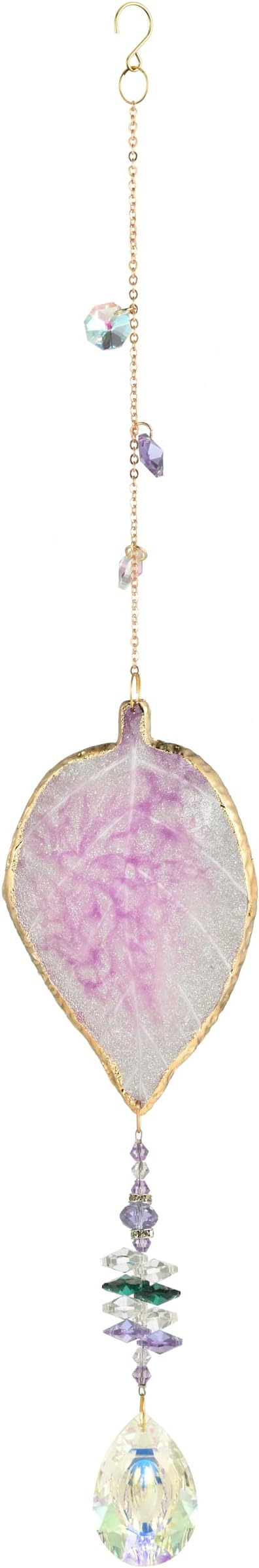 Hanging Crystal Suncatcher, Sun Catchers Indoor Window, Leaf-Shaped Crystal Hanging Ornament, Hanging Crystals for Decoration, Birthday Gift (Purple)