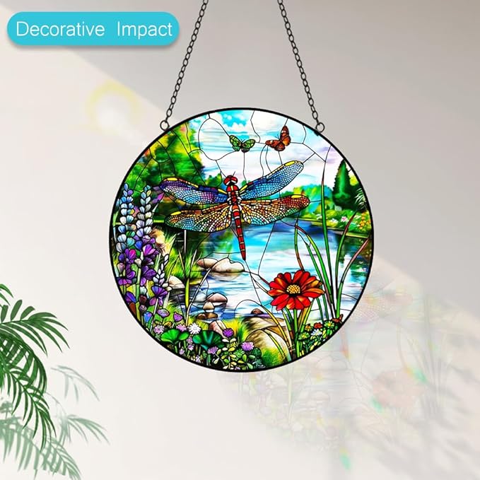Dragonfly Suncatcher Stained Glass Window Hanging - 8″ Handmade Butterfly Wildflowers Suncatchers for Windows Hanging - Sun Catchers Indoor Wall Decor Glass Art Panel Mothers Day for Mom Grandma Gift