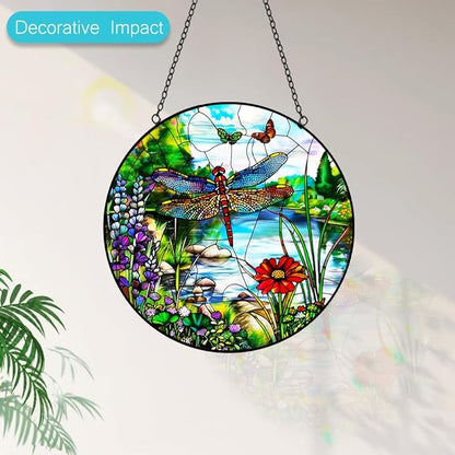 Dragonfly Suncatcher Stained Glass Window Hanging - 8″ Handmade Butterfly Wildflowers Suncatchers for Windows Hanging - Sun Catchers Indoor Wall Decor Glass Art Panel Mothers Day for Mom Grandma Gift