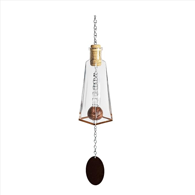Blue Ridge Mountain Gifts Pyramid Bottle Wind Chime for Garden & Porch Decor w/Cooper Accent, Stained Wooden Ball, & Colorful Glass Bottles - Ideal for Wind Chime Lovers (Clear)