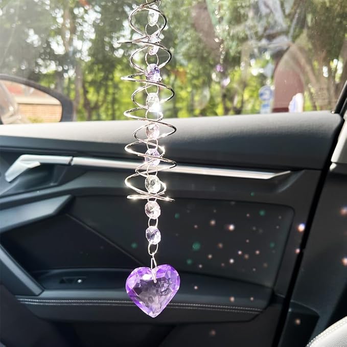 Big Heart Crystal Sun Catchers for Windows Hanging, Double-Spiral Design Gazing Ball Spiral Tail, Rainbow Maker Prism, Sun Catchers Indoor Window for Kitchen, Patio, Porch, Garden(Purple)