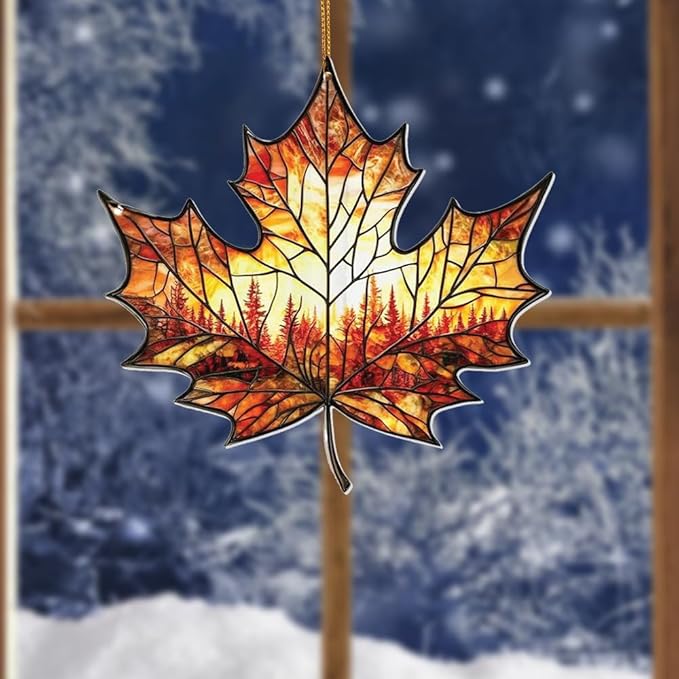 Stained Glass Acrylic Maple Leaf Ornament – Autumn & Christmas Tree Decoration 2026, Fall Harvest Sun Catcher, Nature-Themed Holiday Décor, Maple Leaf Gift for Home & Garden(Sun-14)