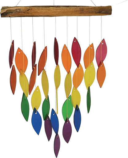 Blue Handworks Rainbow Waterfall Glass and Driftwood Chime, Sandblasted Glass and Found Wood Handcrafted Wind Chime