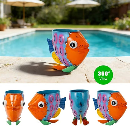 Oak & Lore Colorful Metal Fish Garden Statues, Cute Animal Garden Sculptures & Statues with Planters for Home Patio Porch Yard Decor