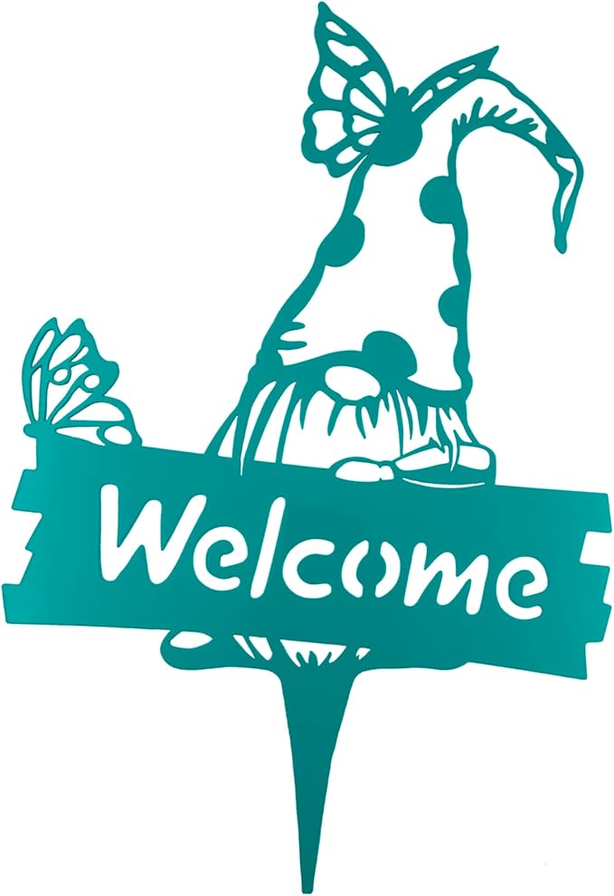 SteelFreak Gnome with Butterfly & Sign Metal Yard Stake Art (18 Inch, Water Blue) - Made in USA