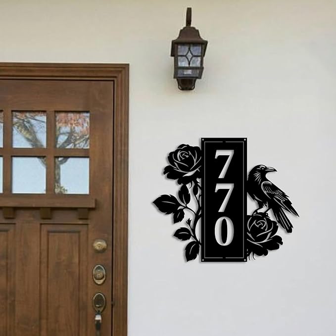 Personalized Gothic House Number metal Signs,Custom Address Number Metal Wall Art Decor,Black Plaques Outdoor wall Decorative Signage,Shed(8-30 Inches) (Crow Rose)