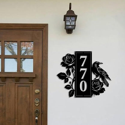 Personalized Gothic House Number metal Signs,Custom Address Number Metal Wall Art Decor,Black Plaques Outdoor wall Decorative Signage,Shed(8-30 Inches) (Crow Rose)
