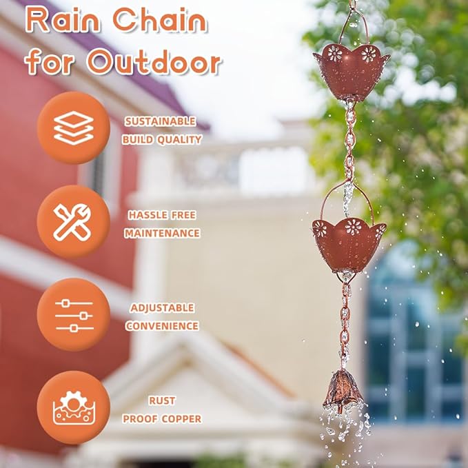 Rain Chains for Gutters, 8.2 FT Rain Chain with 10 Cups, Adjustable Rain Catcher Chain for Outside, Replacement Downspout for Gutters, Eaves, Drainage(Gold)