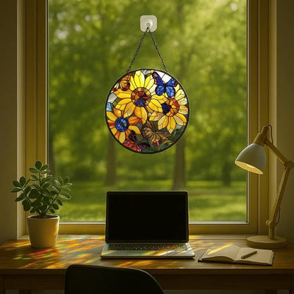 Sunflower and Butterfly Stained Glass Window Hanging Panel – Colorful Floral Suncatcher Wall Art for Home Window Decor and Gift