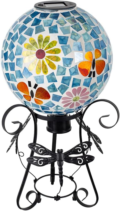 Stargarden Solar Gazing Ball, 10”Glass Gazing Globe, Mosaic Gazing Balls with Metal Ball Stand for Patio, Lawn, Garden Decor