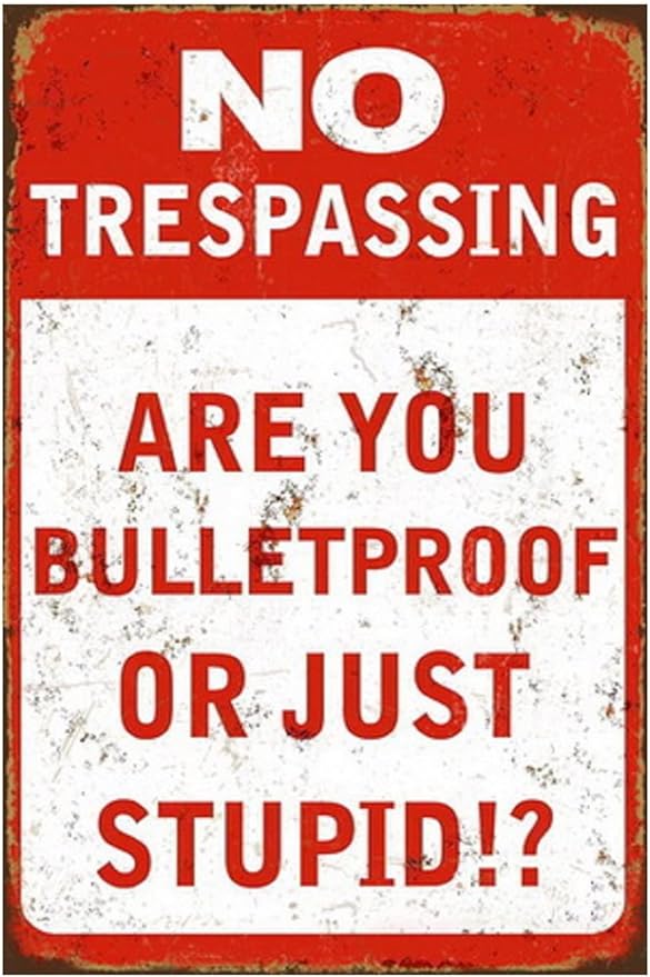 Funny No Trespassing Sign, Metal Warning Tin Signs, Are You Bulletproof or Just Stupid, Yard Sign Garage Farm Garden Wall Decor Sign Plaque Outdoor for Home Fence 8 X 12 Inches