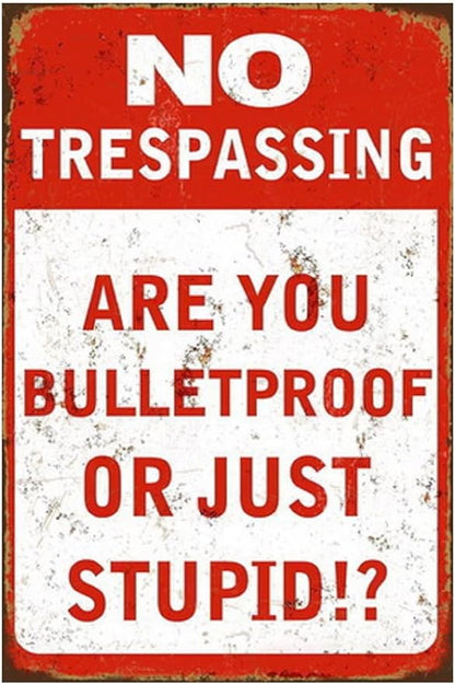 Funny No Trespassing Sign, Metal Warning Tin Signs, Are You Bulletproof or Just Stupid, Yard Sign Garage Farm Garden Wall Decor Sign Plaque Outdoor for Home Fence 8 X 12 Inches