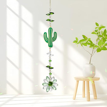 Green Suncatcher, 15.5 Inch Crystal Sun Catcher Windows Hanging, Gift for Spring Home Decor Rainbow Sparkly Pendant