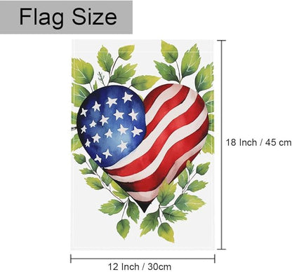 Gkyygk Welcome Patriotic Heart Green Leaf Welcome Garden Flag 12x18 Inch Double Sided Seasonal Yard Burlap Banners Outdoor Flag for Men Women