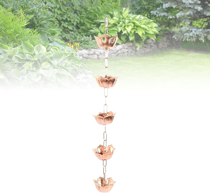 Hanging Rain Chain Copper, 1m Weatherproof Yard Rain Catcher Chain - Elegant Floral Design, Rust, Easy Installation for Garden and Temple (Flower Shaped)