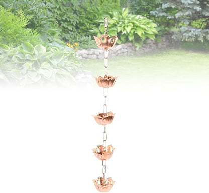 Copper Rain Chain, 3.28FT Floral Design Decorative Hanging Rain Chain for Gutters with Easy Installation No Tools Required for Downspout Replacement and Water Drainage (Flower Shaped)