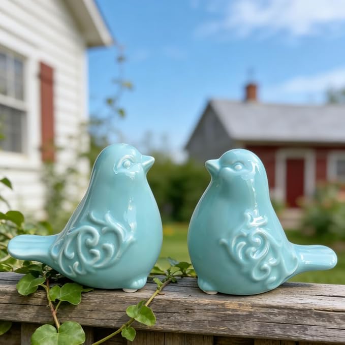 2PCS Ceramic Bird Figurines Decorative Bird Ornaments Statue for Home Garden Decor (Blue)