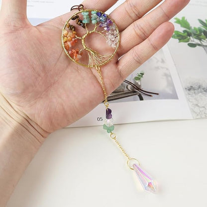 Handmade 7 Chakra Tree of Life Crystal Suncatcher, Sun Catcher Hanging for Car, Windows, Spiritual, Rainbow Maker, Butterfly Indoor Garden Home Decor