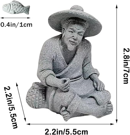 livelyfish Mini Fisherman Statue Asian Zen Decoration Sitting Fishing Figurines Sandstone Vintage Ornament for Aquarium Fish Tank Pot Garden Home Japanese Decor (A2)