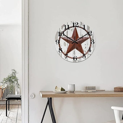 Round Farmhouse Wall Clock Western Texas Star Country Style Wood Clock Quiet Non-ticking Battery Operated with Large Numbers Antique Wall Hanging Desk Clock for Living Room Patio Patio 12 Inch