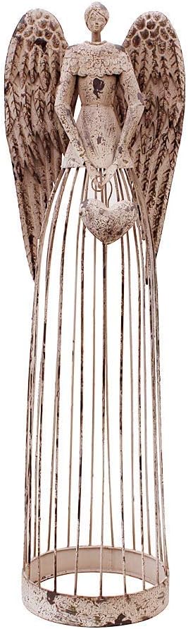 Antiqued Metal Garden Angel Statue with Heart, Indoor Outdoor Angel Yard Art Decor Lawn Patio Decorations Holiday Decor Garden Present Idea, 32"H