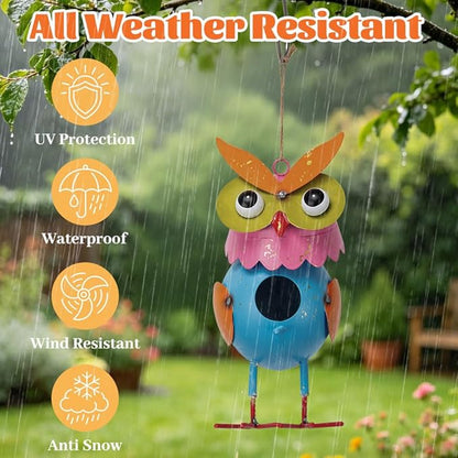 Metal Owl Garden Statues Yard Art Animal Sculpture Garden Figurines Outdoor Decor Lawn Ornaments Hanging Decorative Bird House for Outside