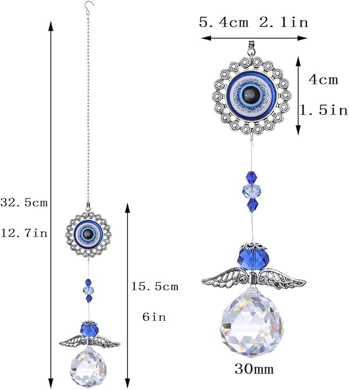 12.7inch Handmade Crystal Angel Suncatcher Hanging Ornament for Christmas Tree Turkish Blue Evil Eye Protection Pendant and Good Luck Charm Gift