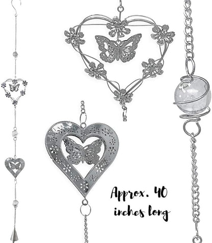 Butterfly Bell Wind Chimes - Butterfly and Heart with Mobile Design - Metal Silver Hearts - Butterflies and Flowers - 40" Long - Sturdy S Hook for Hanging
