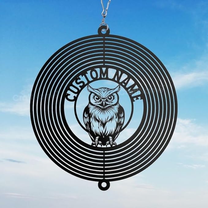 Personalized Owl Metal Wind Spinner, Custom Hanging Ornament for Outdoor Spaces, Kinetic Bird Sculpture, Night Garden Gift (Owl Garden Wind Spinner)