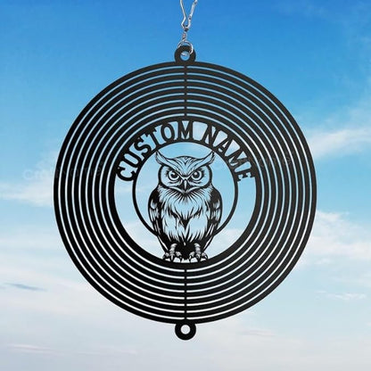 Personalized Owl Metal Wind Spinner, Custom Hanging Ornament for Outdoor Spaces, Kinetic Bird Sculpture, Night Garden Gift (Owl Garden Wind Spinner)