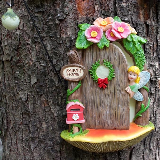 Fairy Door and Windows with Lantern Tree Stump Decor, Glow in The Dark Yard Art Sculpture Miniature Fairy Garden Accessories for Wall, Outdoor Decor