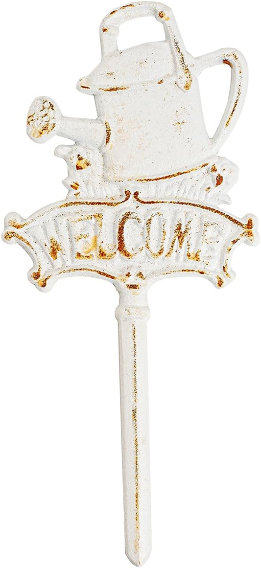 Sungmor Vintage Cast Iron Decorative Garden Stake, Rustic White Welcome Yard Art Sign with Stake, 12.6" Tall Metal Watering Can Stake with Welcome Sign, Lawn Patio Backyard Outdoor Spring Decor