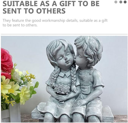 Yardwe Resin Kissing Figurines Outdoor Garden Statue Boy and Girl Couple Sculpture Table Decor for Patio Lawn and Home Decoration
