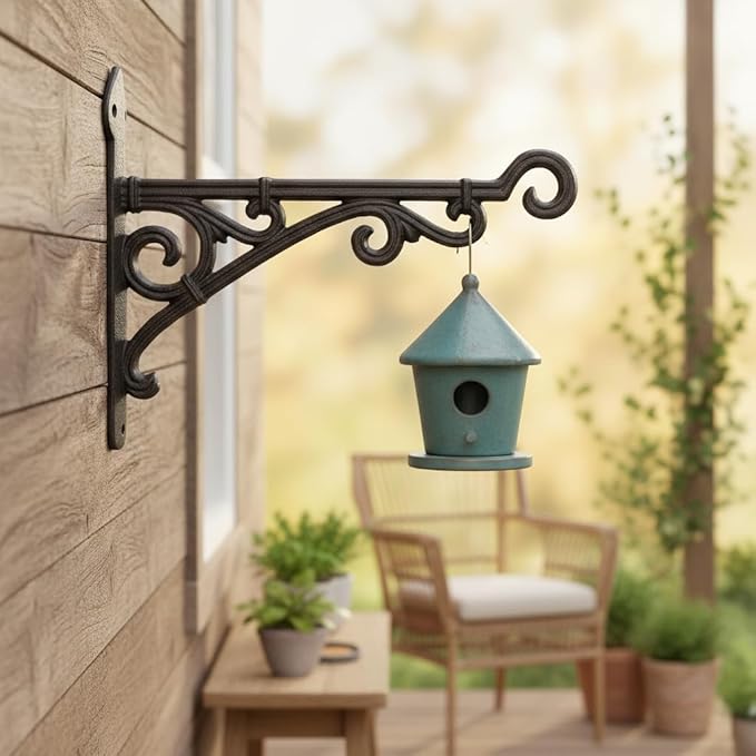 Comfy Hour 11" Heavy Duty Cast Iron Plant Wall Hanger, Decorative Bird Feeder Bracket for Outdoor Garden, Metal Hanging Plant Hook for Flower Pots, Lanterns & Wind Chimes, Brown