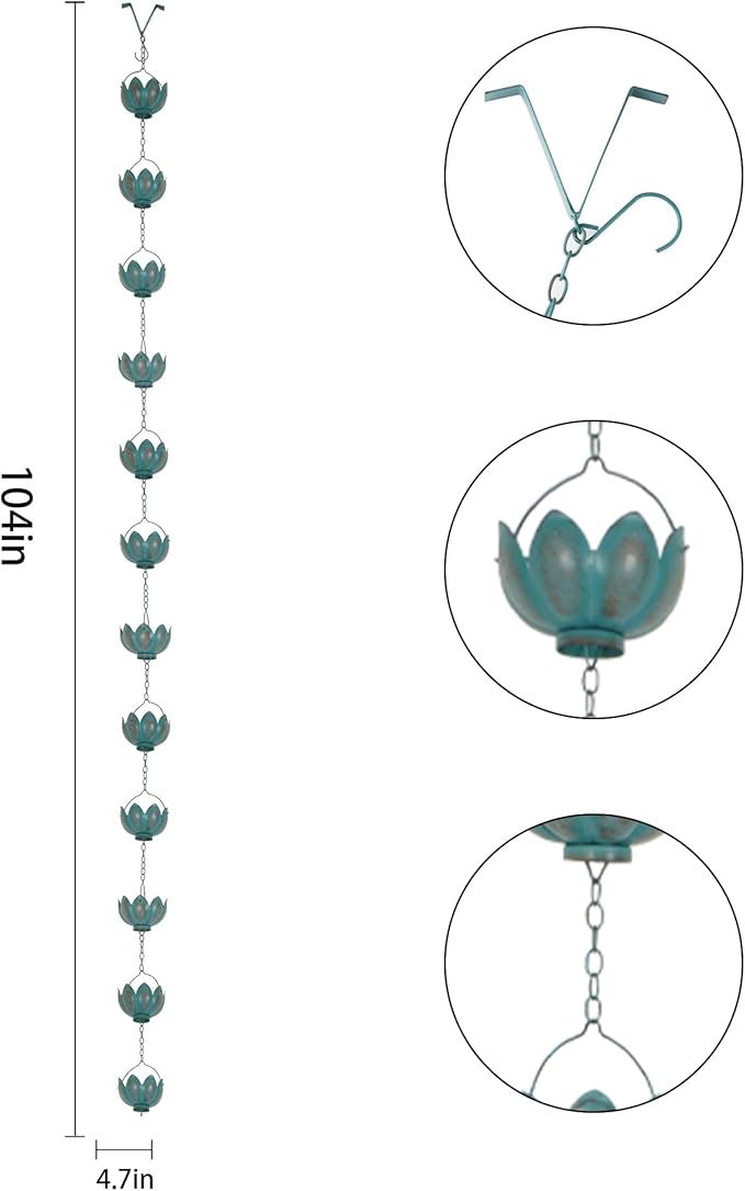 TZSSP Rain Chains Decorative Metal Rain Chain Bell with 12 Cups, Rain Chain for Gutters,8-1/2 Length, Blue