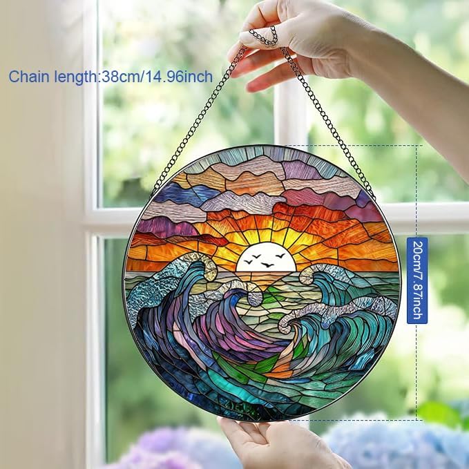 Stained Glass Window Hanging, Sea Waves and Clouds Suncatcher for Window Door Garden Home Decor, Sunset on The Beach and Ocean Scenery Glass Panel Ornaments for Women,Men,Wife, Lovers, and Mom 7.8 in