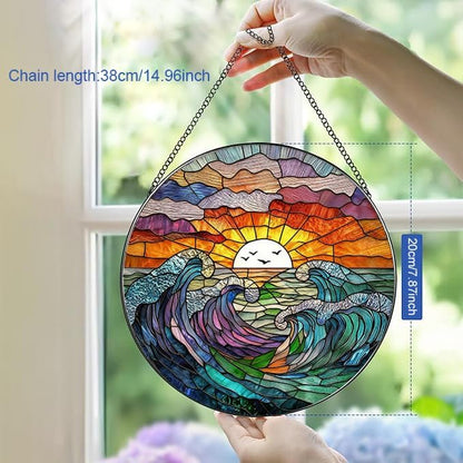 Stained Glass Window Hanging, Sea Waves and Clouds Suncatcher for Window Door Garden Home Decor, Sunset on The Beach and Ocean Scenery Glass Panel Ornaments for Women,Men,Wife, Lovers, and Mom 7.8 in