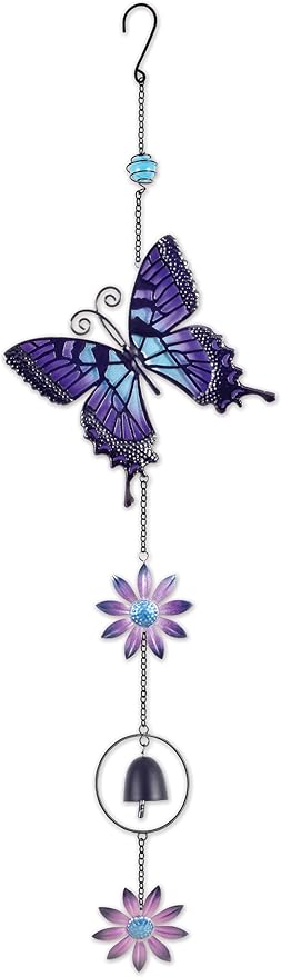 Sunset Vista Designs Weather-Resistant Butterfly Wind Bell Indoor/Outdoor Yard & Garden Chime Décor, 31-Inch, Purple