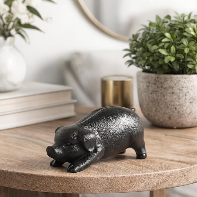 NACH Cast Iron Pig Statue - Rustic Garden Sculpture, Black Door Stop/Paperweight, Head Down Pig, JS-90-7152
