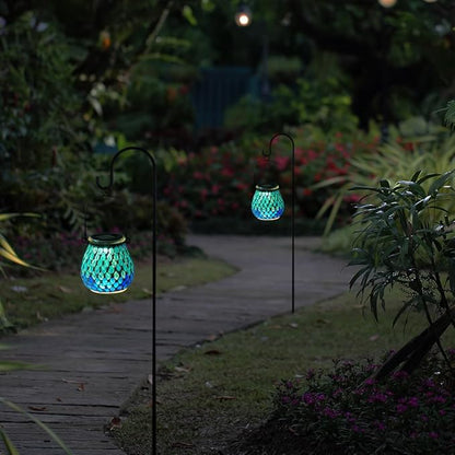 Starsoul 4 Pack Solar Lanterns Outdoor Waterproof, Elegant Blue Glass Mosaic Solar Lantern, Solar Hanging Lights Outside Patio Porch Yard Decor