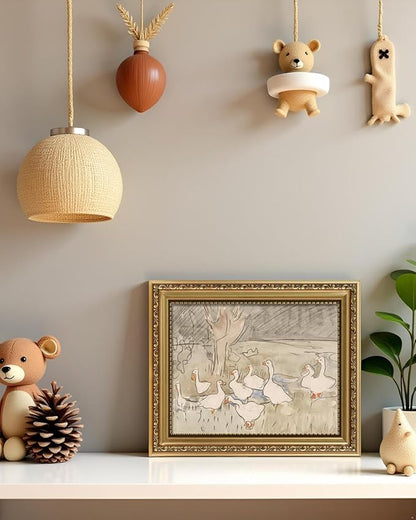 ARPEOTCY Vintage Gold Framed Wall Art, Nursery Duck Paintings, 8x10 inch Small Aesthetic Canvas Picture Prints Artwork with Frame, Victorian Wall Decor for Living Room Bathroom Bedroom Shelf