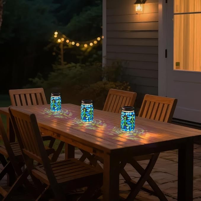Starsoul Solar Hanging Lanterns Outdoor Waterproof, Mosaic Dragonfly Decor Glass Solar Outdoor Lights, Decorative Solar Lantern for Outside Pathway Patio Porch Yard Decor