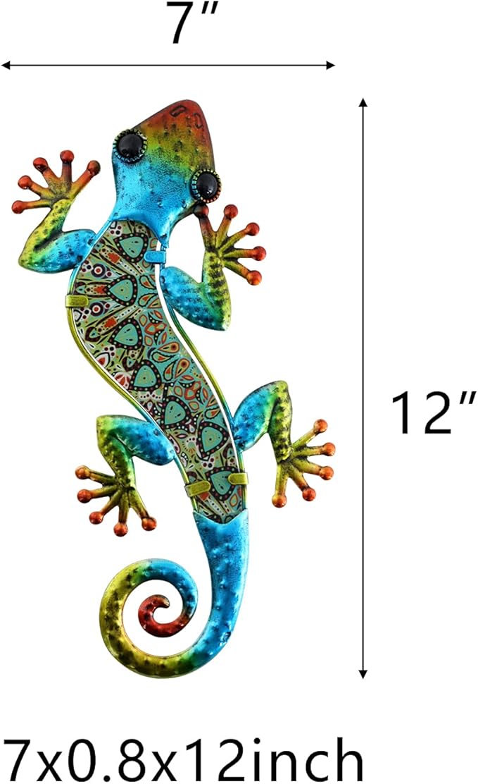 HONGLAND 2Pcs Metal Gecko Wall Decor Lizard Garden Art Color Hanging Glass Sculpture for Indoor Outdoor Patio Fence (Symphony)
