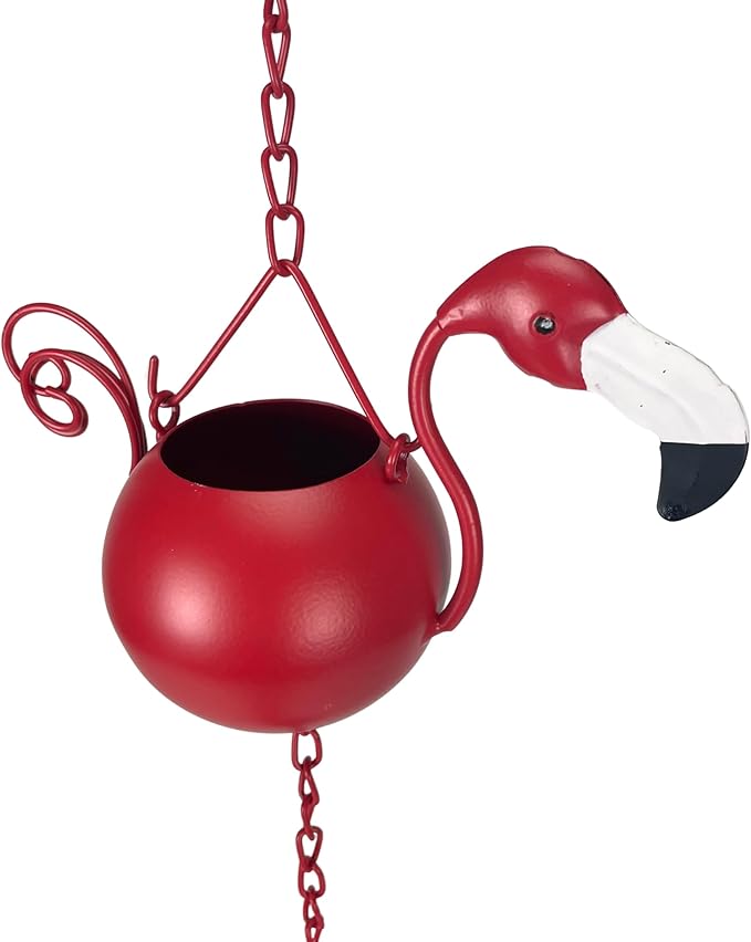 90-Inch Metal Rain Chain with 8 Portly Flamingos, 7 Inches Long Each, Muted Red Finish, Decorative Downspout Alternative for Rainwater Collection, Outdoor Garden Décor