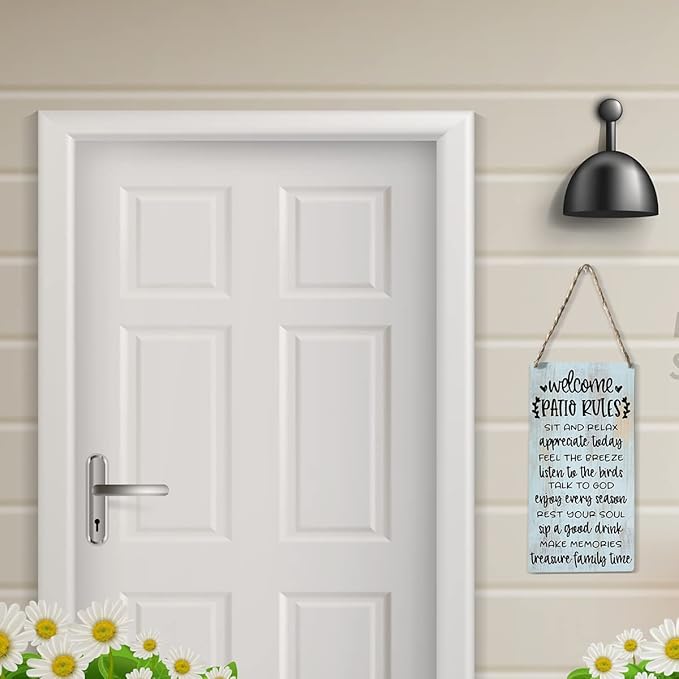 Rustic Patio Rules Wood Sign Welcome Sign Patio Decor Farmhouse Home Family Patio Wall Décor Hanging Wall Sign Wooden Wall Art Decor Decorative Plaque Sign for Home Porch Indoor Outdoor Bar Coffee